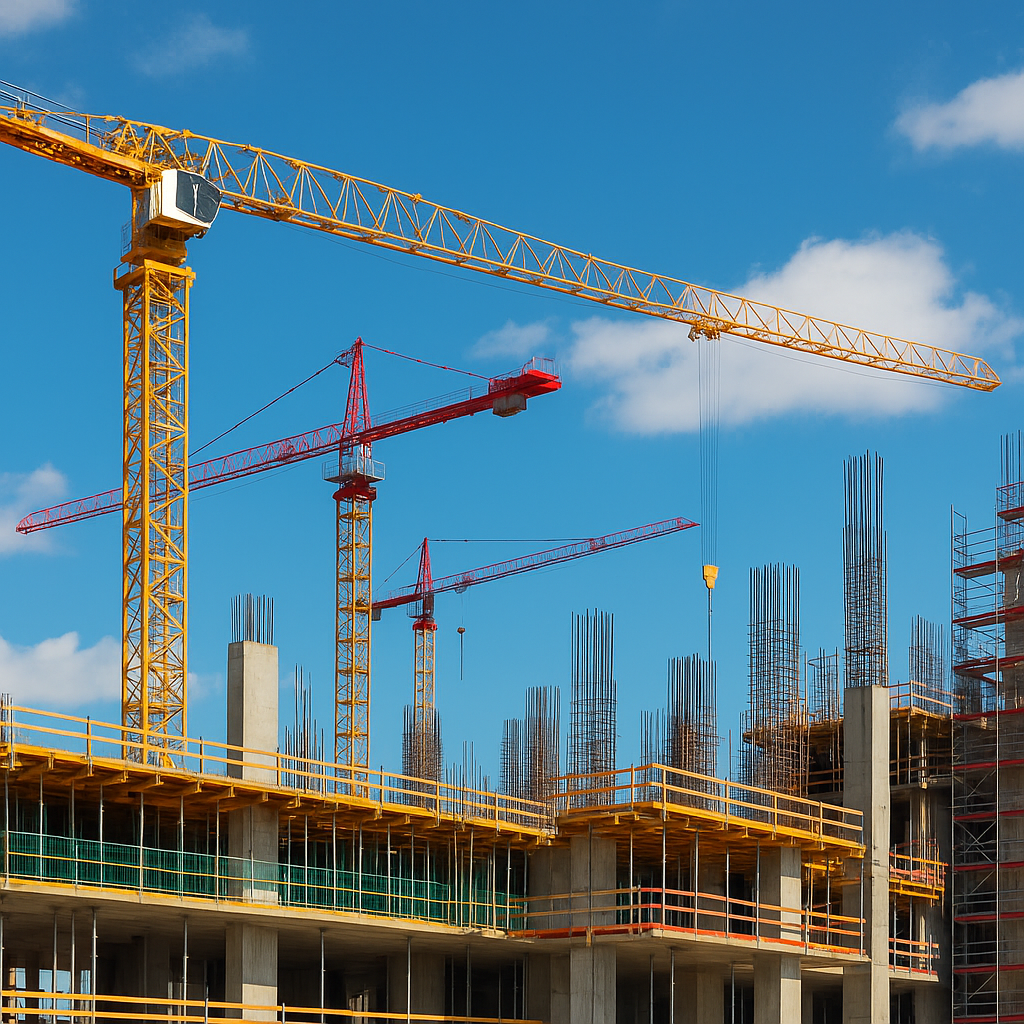 Cranes and scaffolding at a large construction site in South Africa under a clear blue sky