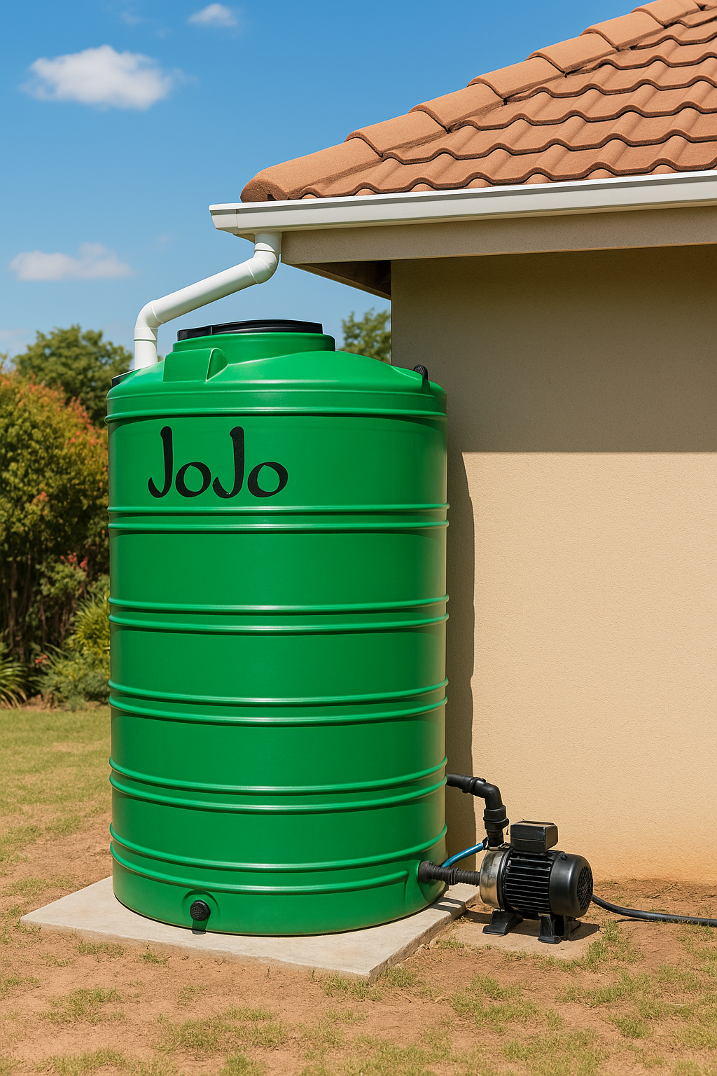 JoJo water tank installed beside a house with a connected pressure pump, showcasing a typical South African rainwater harvesting setup under a blue sky.