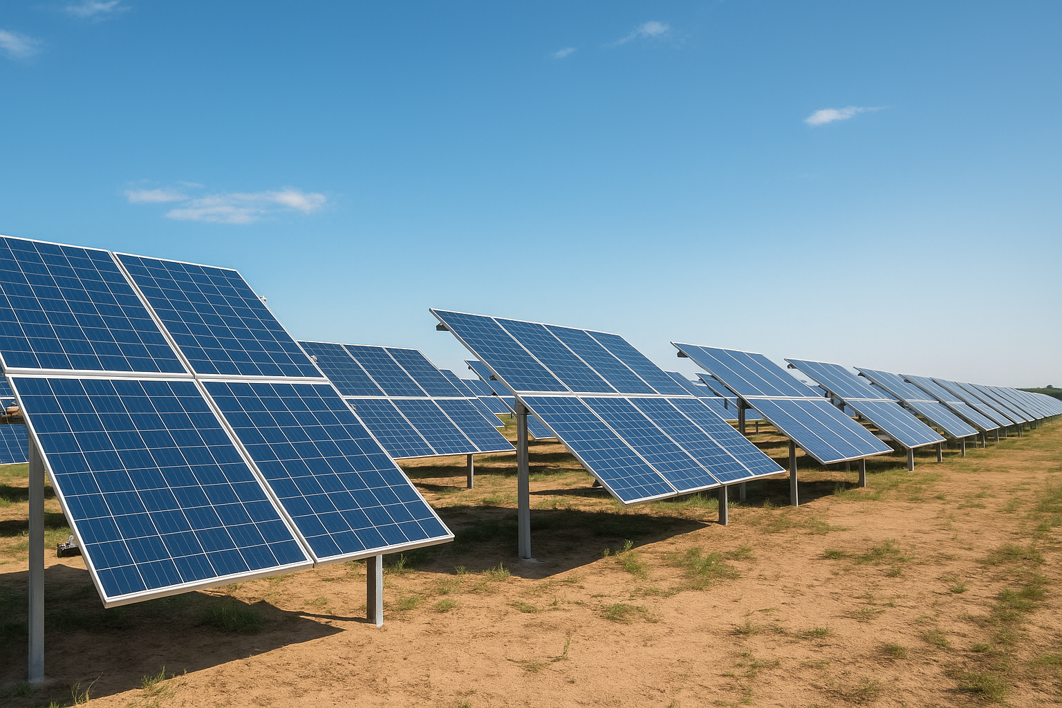 Solar panels aligned in rows on a sunny day at a large solar farm in South Africa