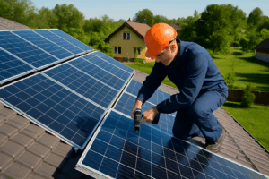 Technician installing rooftop solar panels on a residential home in South Africa under a clear blue sky