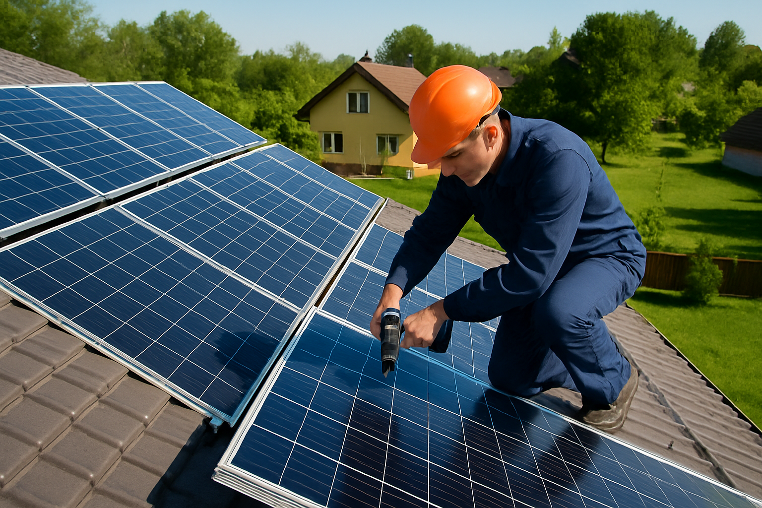 Technician installing rooftop solar panels on a residential home in South Africa under a clear blue sky