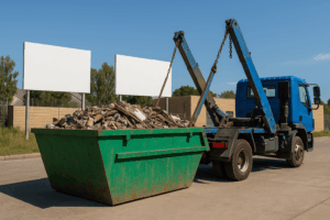 Green construction skip being loaded by a blue truck at a clean industrial site, showing efficient urban waste management without visible company branding.