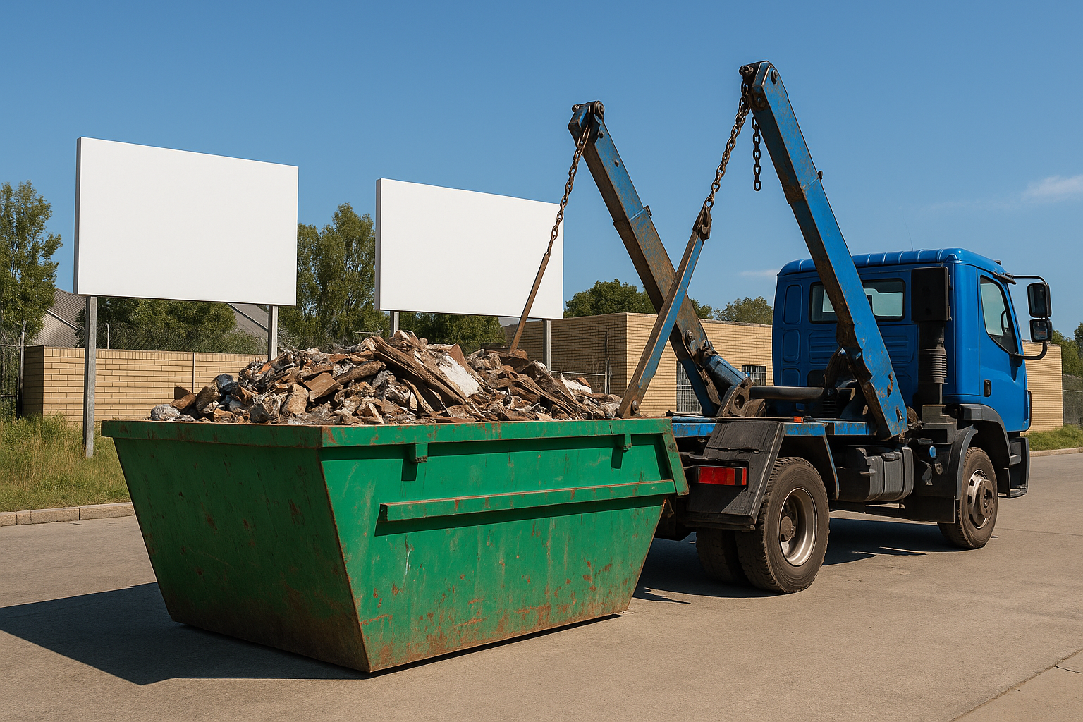 Green construction skip being loaded by a blue truck at a clean industrial site, showing efficient urban waste management without visible company branding.